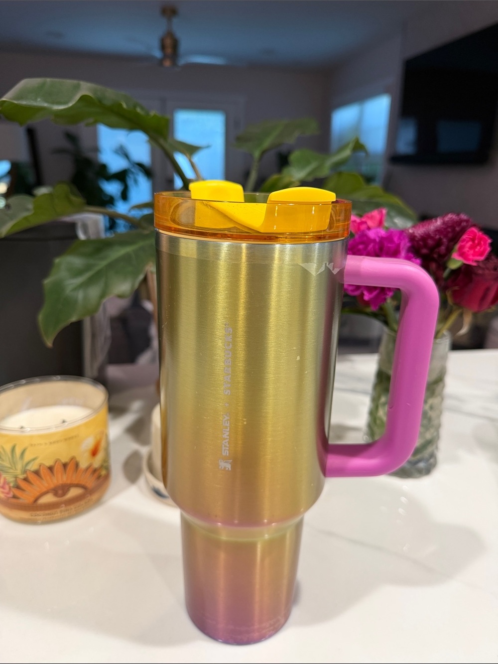Stanley and Starbucks Collab Gold and Purple Pink iridescent Travel Tumbler
